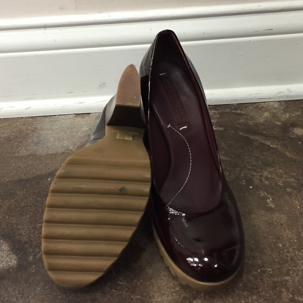 BCBGMaxAzria Patent Burgundy Round-Toe Wedges with Tan Sole - Picture 4 of 4